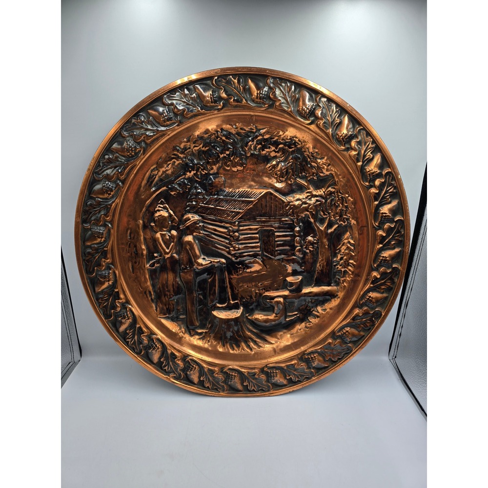 Vintage Log Cabin Wall Plaque 20in Copper Tone Good Embossed Metal Art